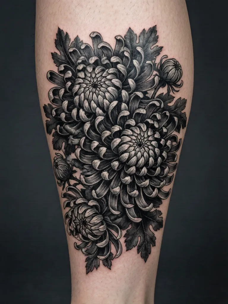 Ombra AI preview render: a dense black-and-grey chrysanthemum design on a calf, three layered blooms with solid black packed between the petals and dark serrated leaves filling the gaps, with bare skin still visible around its outer edge.