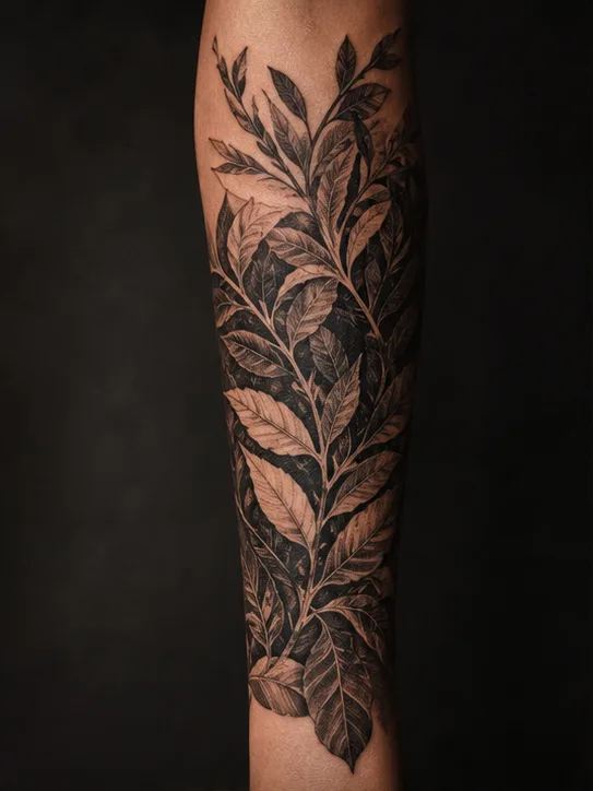Dense blackwork branches and leaves arranged vertically along a single forearm.