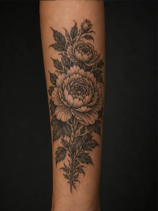 Two large blackwork peonies with dense leaves extending vertically along one forearm.