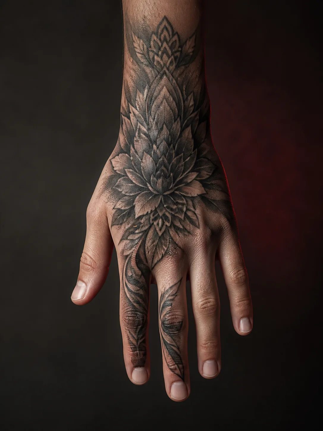 An Ombra AI preview showing one adult hand and lower forearm from the back, with five relaxed fingers and a dense black-and-grey ornamental botanical tattoo spanning the hand, forearm, and two fingers against a charcoal background with a subtle red rim light.