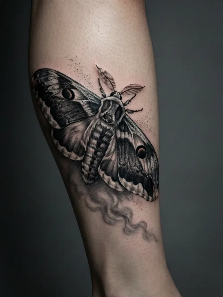 Ombra AI preview render: a large black-and-grey moth on a lower leg, wings spread wide, the darkest masses banded through the wing interiors and the outer margins left pale, one dark eye-spot on each side, feathered antennae reaching upward, a fine spray of dots across the bare skin around it and soft smoke drifting below.