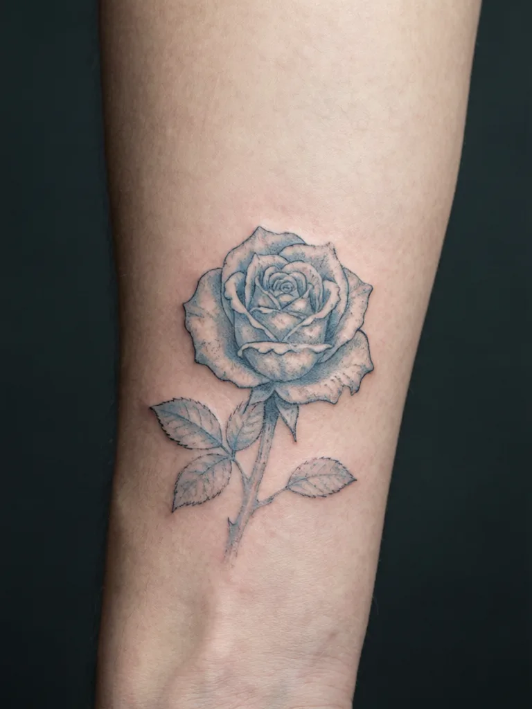 A rose tattoo on an inner forearm rendered in pale blue-grey rather than black, its petals shaded in light stippling — ink light enough for a new design to sit over it.