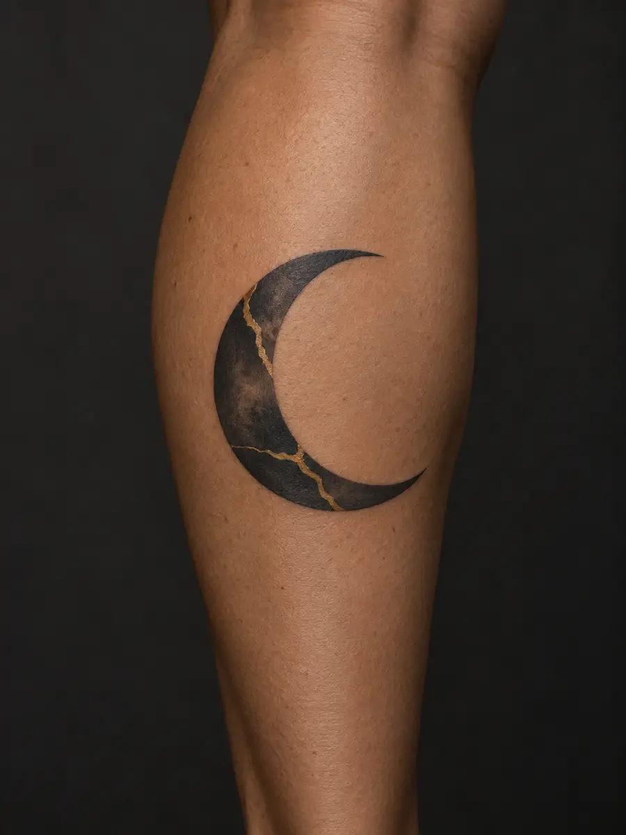 AI-generated concept of a dark crescent moon tattoo crossed by gold-colored seams on a calf.