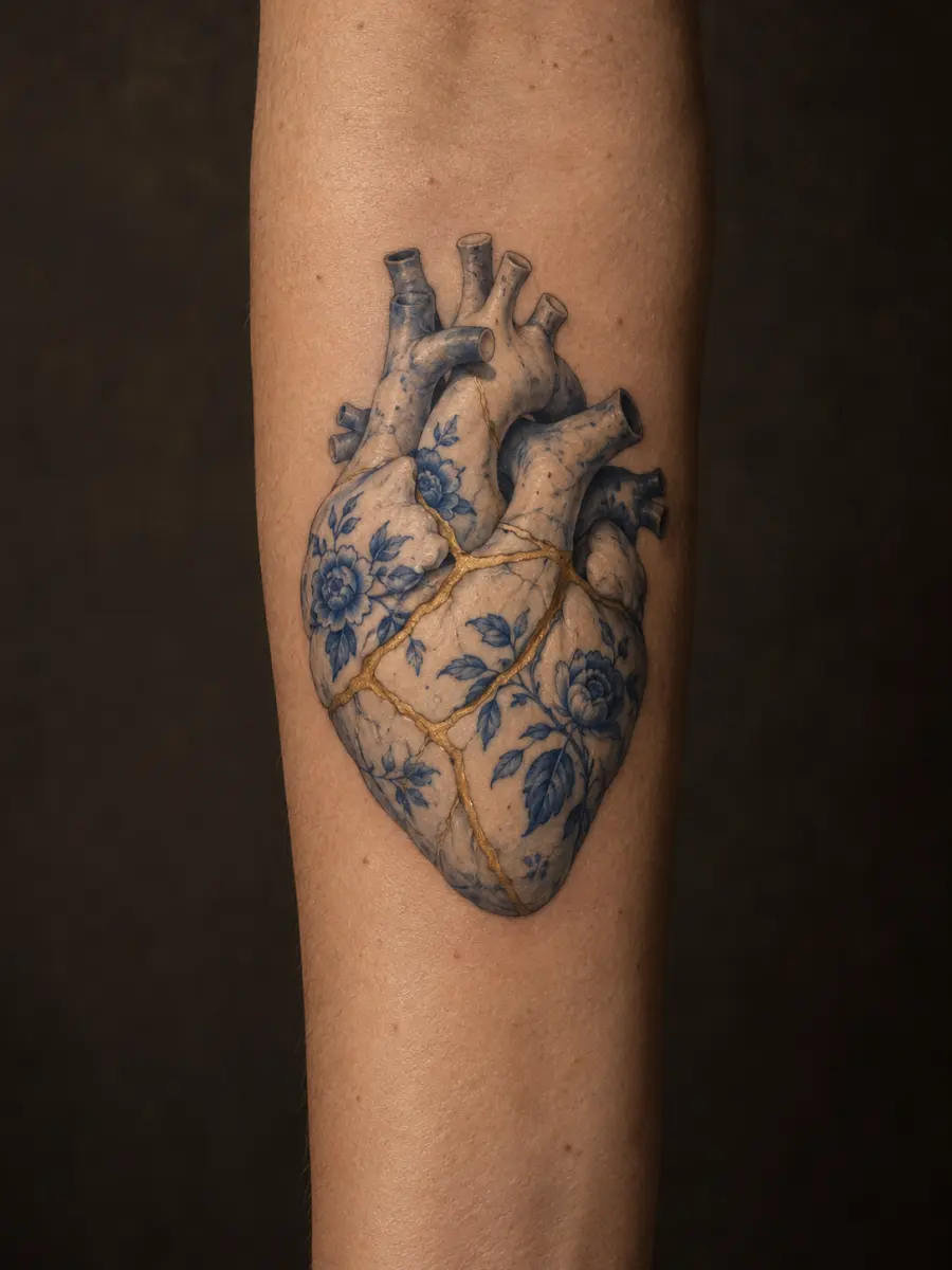 AI-generated concept of a porcelain anatomical heart tattoo with blue ornament and gold-colored seams on a forearm.
