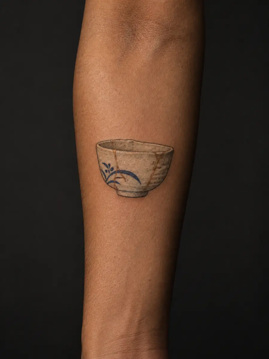 AI-generated concept of a small cream and blue tea bowl tattoo with gold-colored repair seams on a medium-brown forearm.