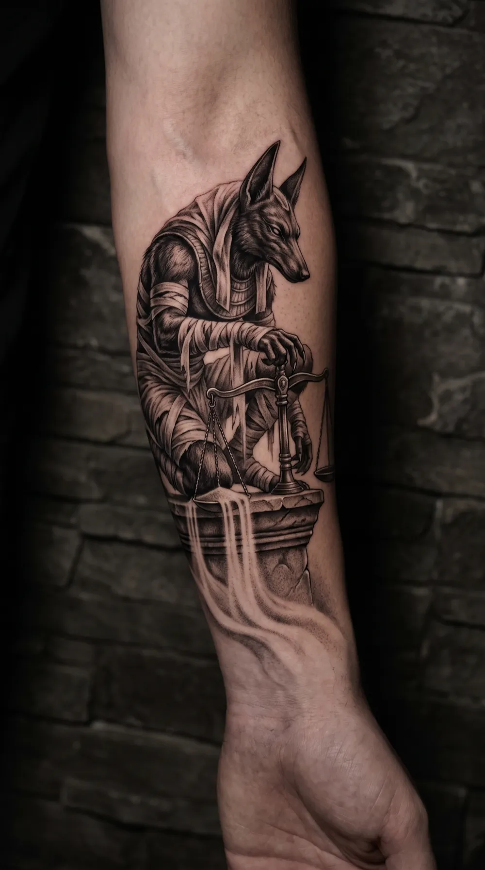 Anubis with the scales of judgment on the forearm