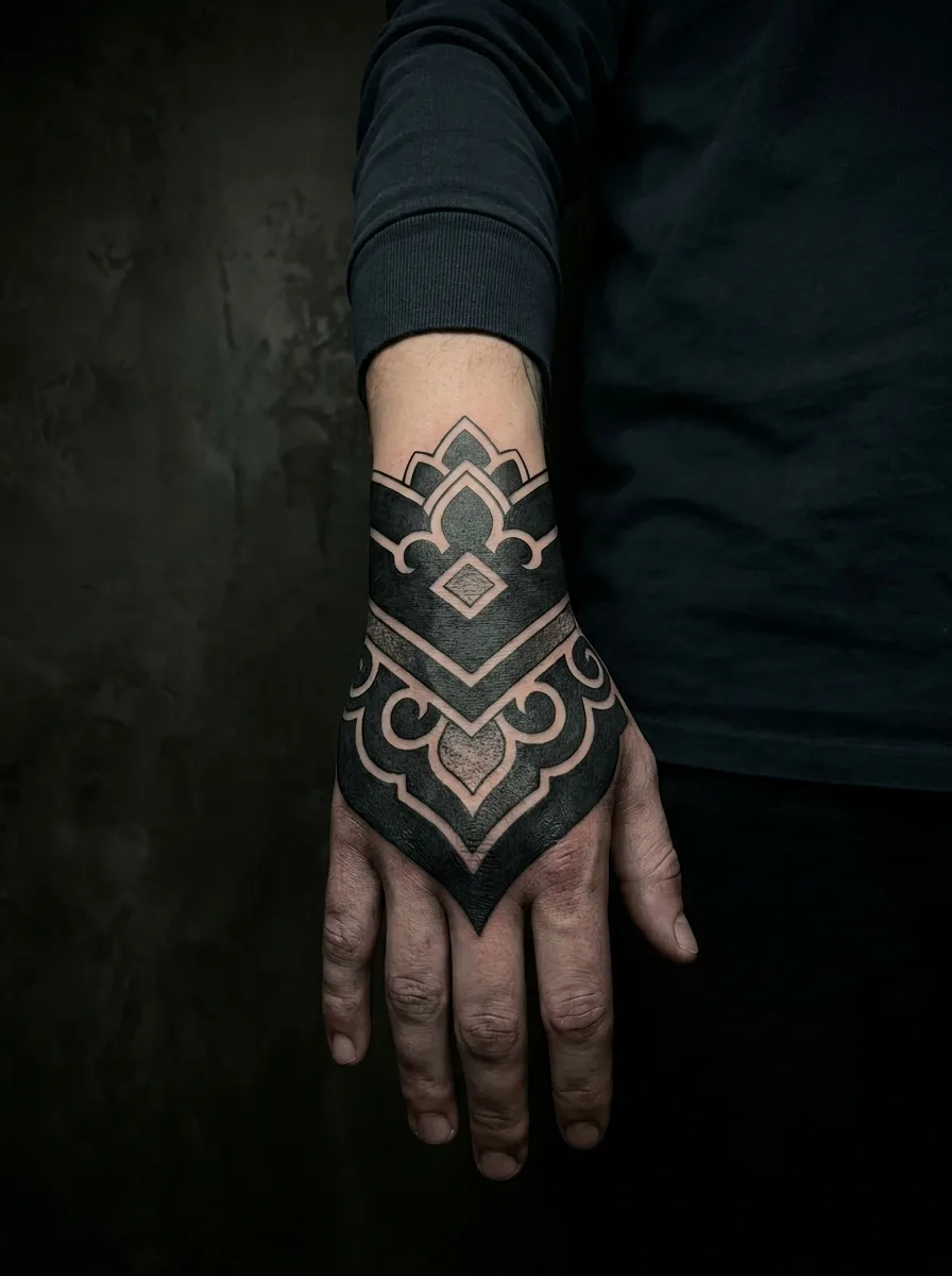 Solid ornamental blackwork over the hand
