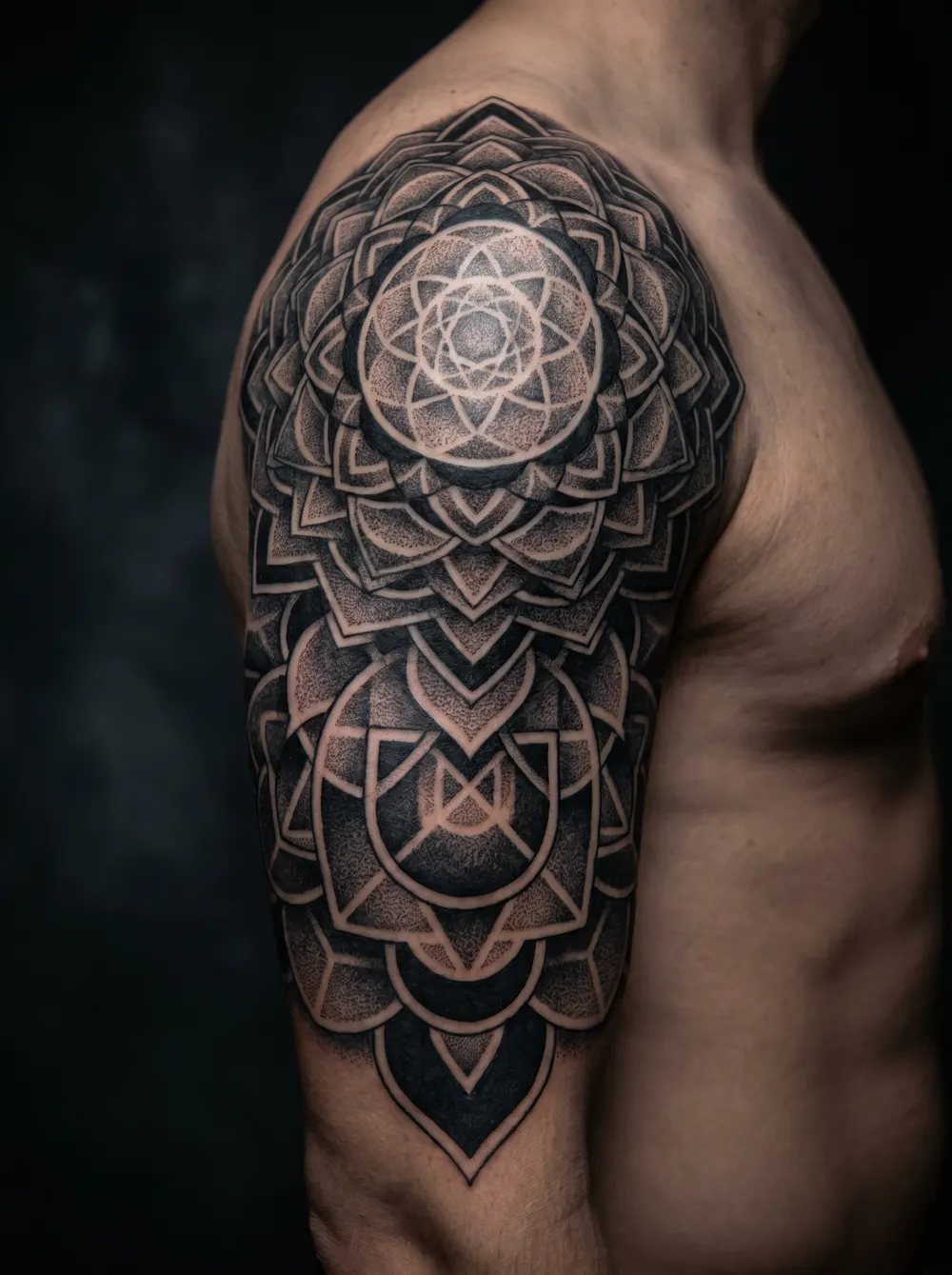 Dotwork mandala cover-up saturating the shoulder cap in fine, symmetrical stippling