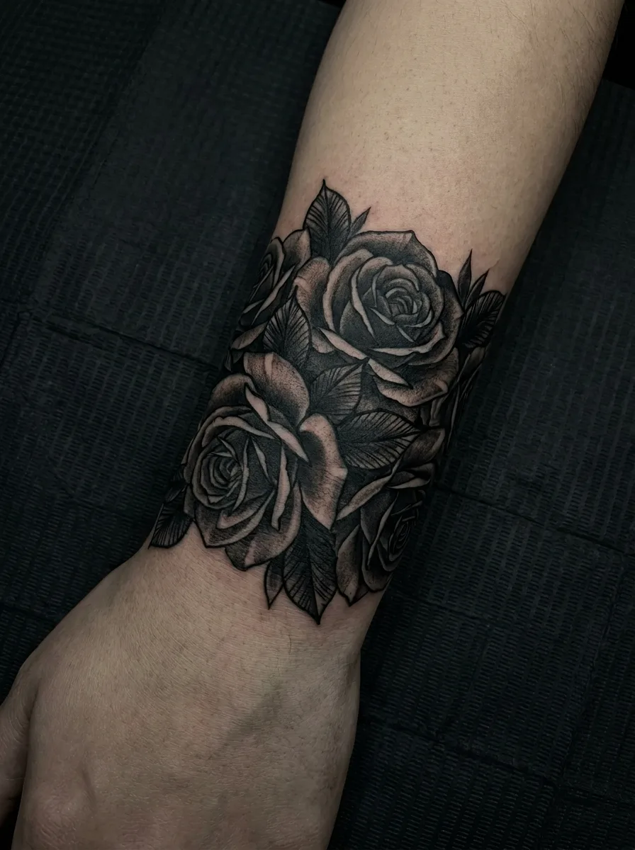 A black-and-grey rose cuff cover-up wrapping fully around the wrist just above the hand, dense petals and shading forming a bracelet-style band.
