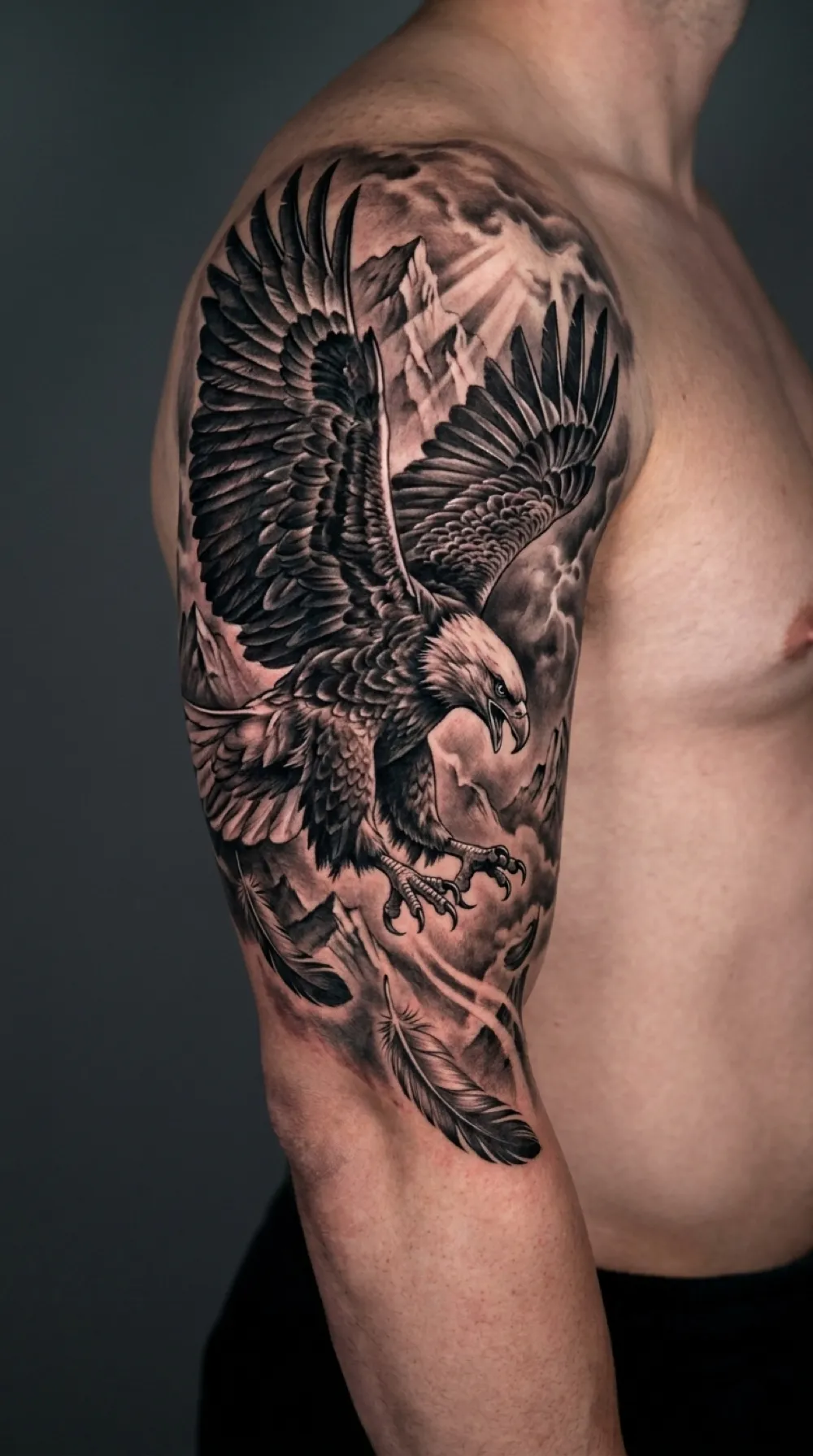 Eagle diving through a storm on the upper arm