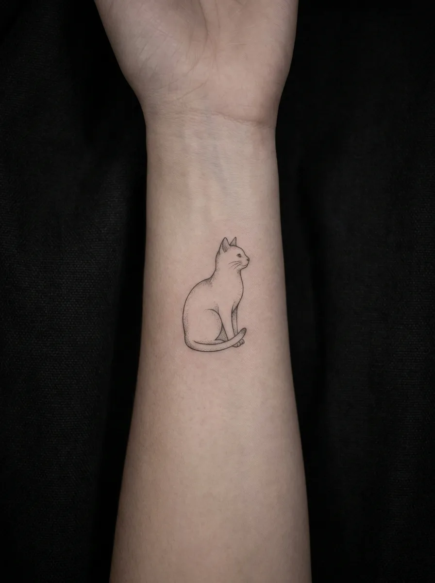 Fine-line cat portrait on the inner wrist