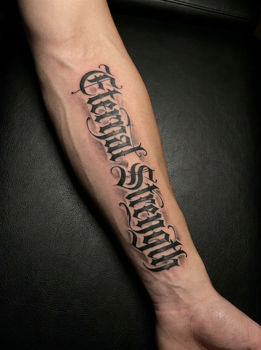 Tatuagem de lettering gótico blackletter ao longo do braço