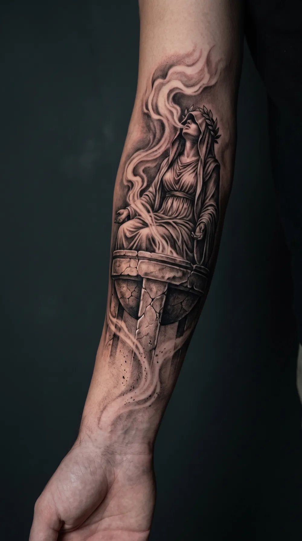Robed Greek goddess statue in black-and-grey on the forearm