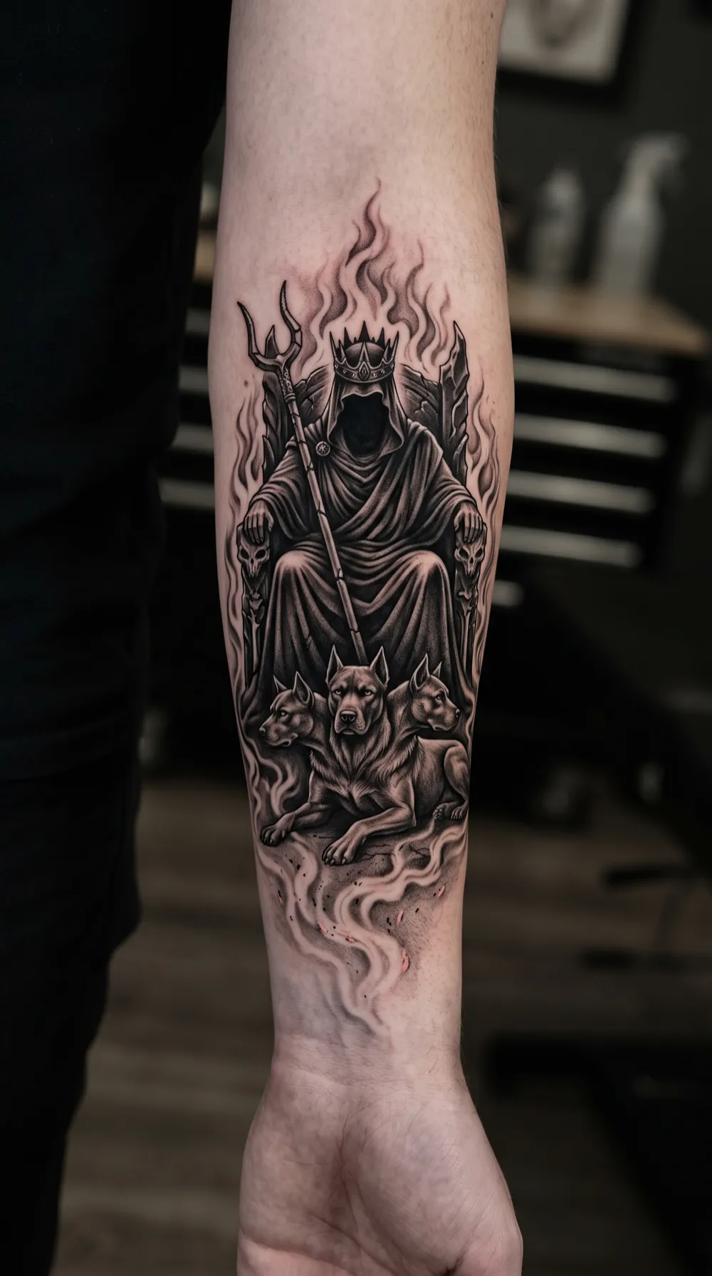 Hades enthroned with Cerberus on the forearm