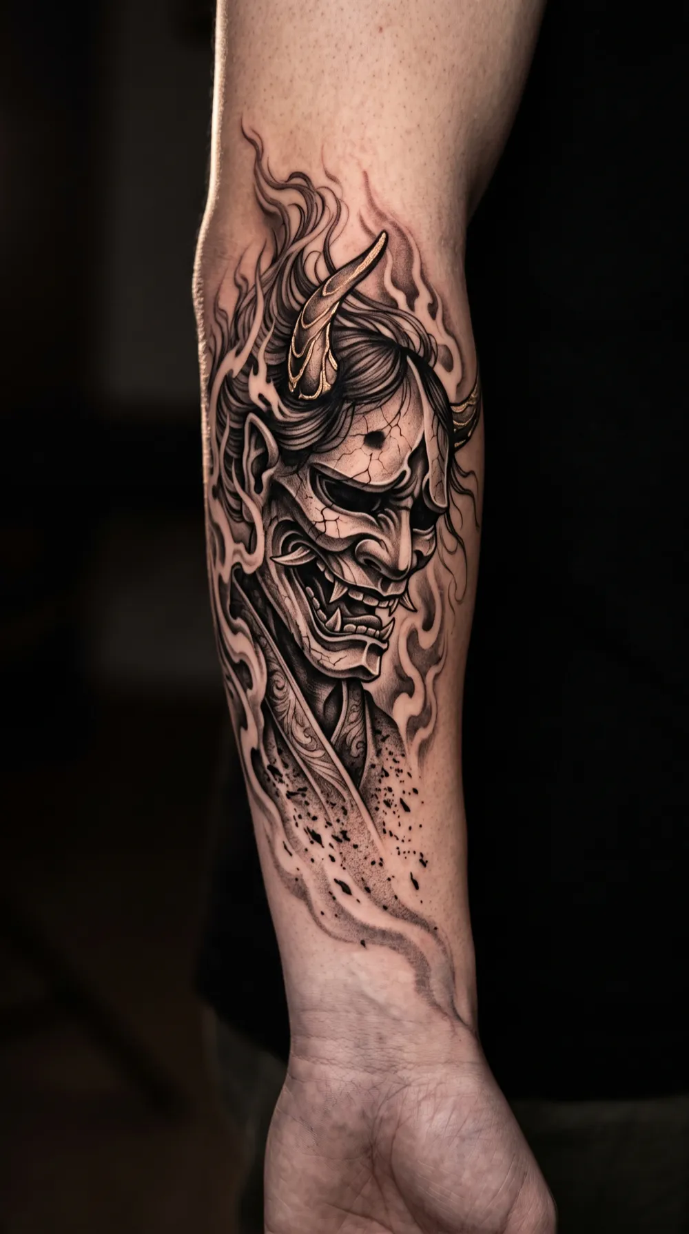 Hannya mask wrapped in flame on the forearm