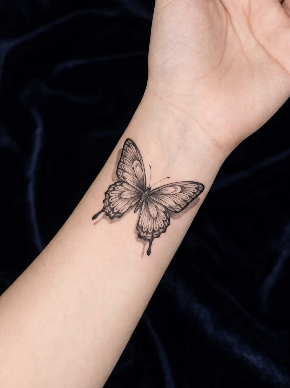 Fine-line butterfly tried on the wrist
