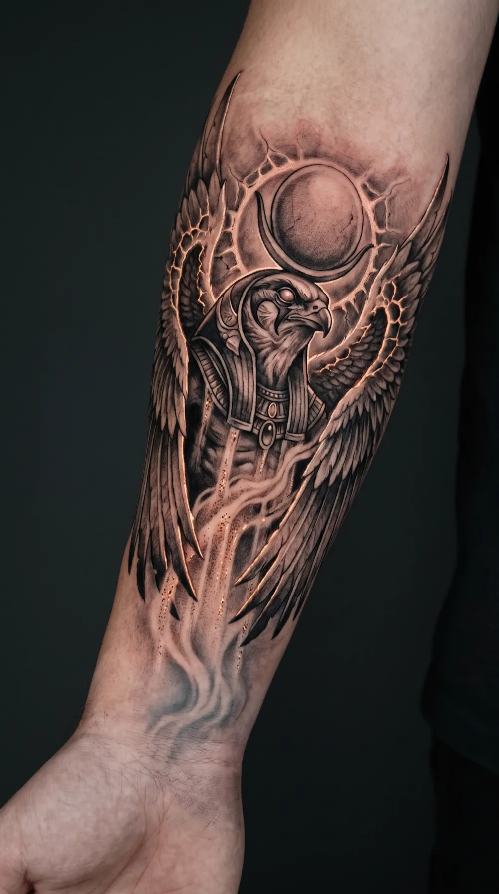 Horus with a sun disk and outstretched wings on the forearm