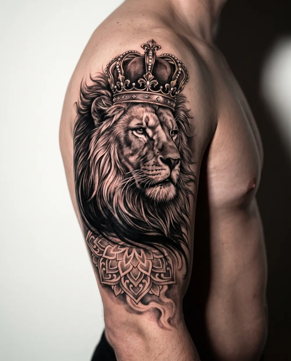 Crowned lion with a mandala on the shoulder