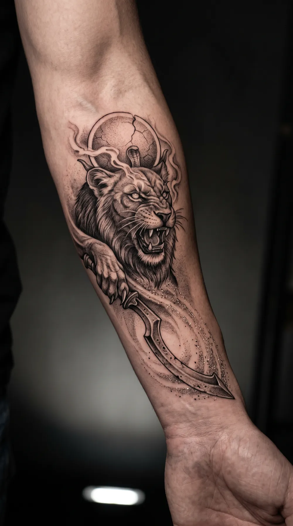 Roaring lion over a dagger on the forearm