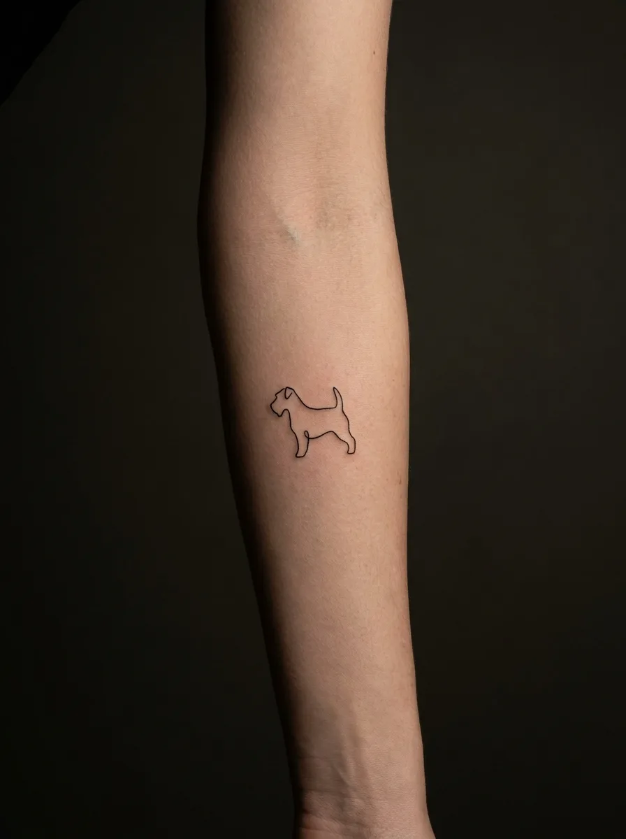Tatuagem minimalista de cão em uma linha só na parte interna do braço