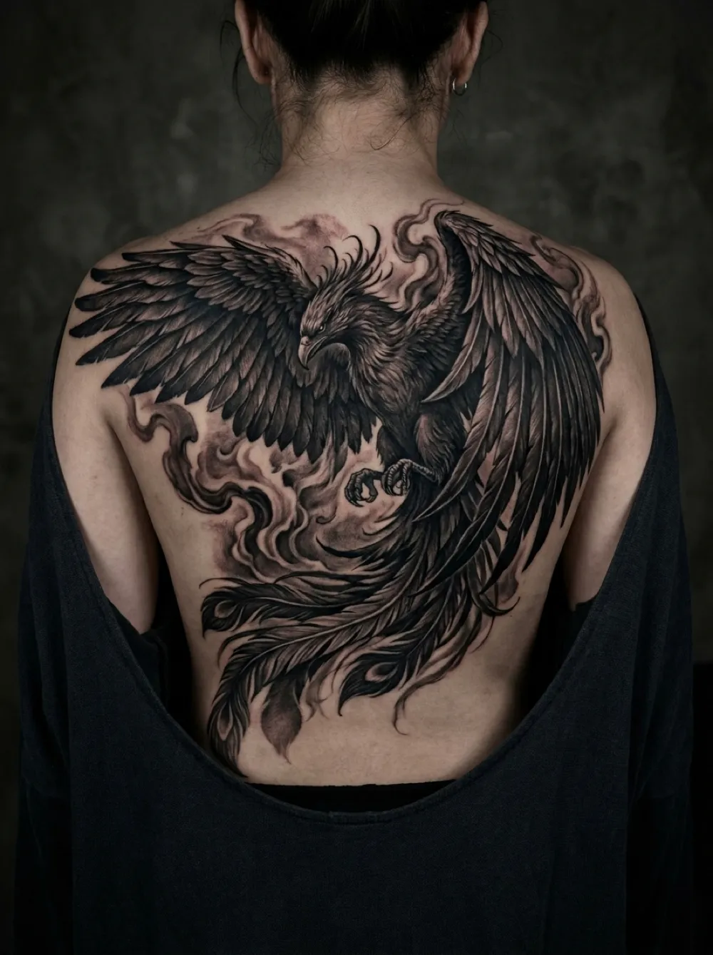 Black-and-grey phoenix rising across the back