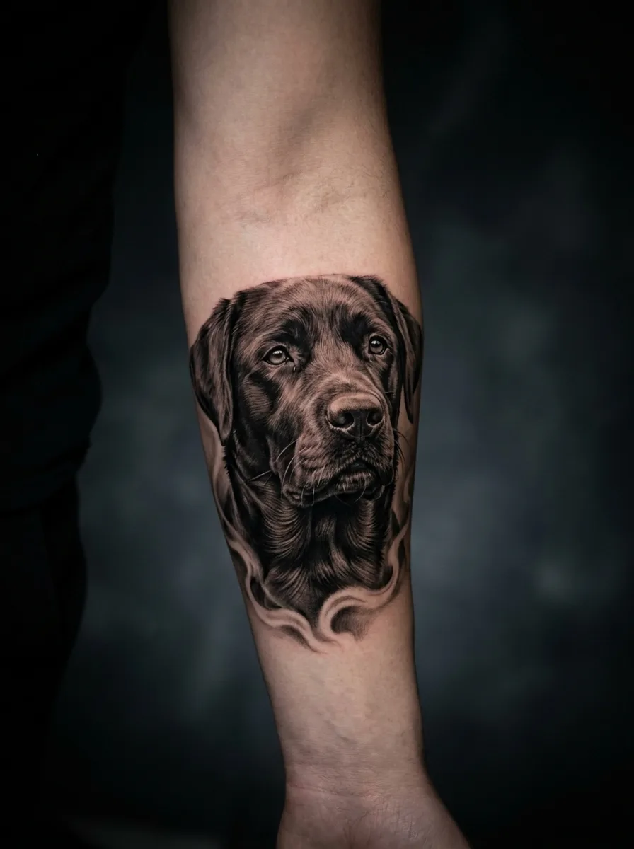 Realism dog portrait on the forearm