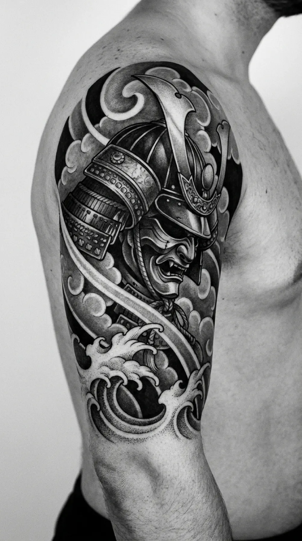 Samurai warrior mask with clouds and waves on the upper arm