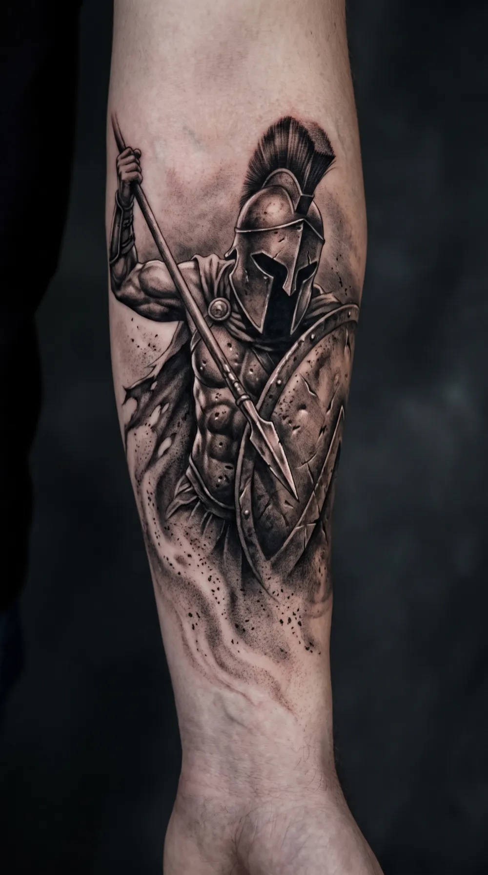 Spartan warrior with spear and shield on the forearm