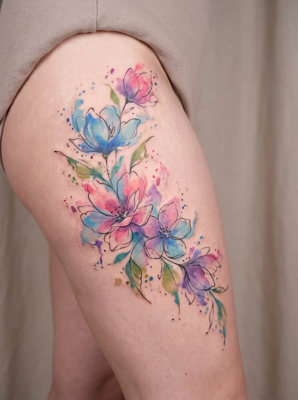 Watercolor floral tattoo on the thigh