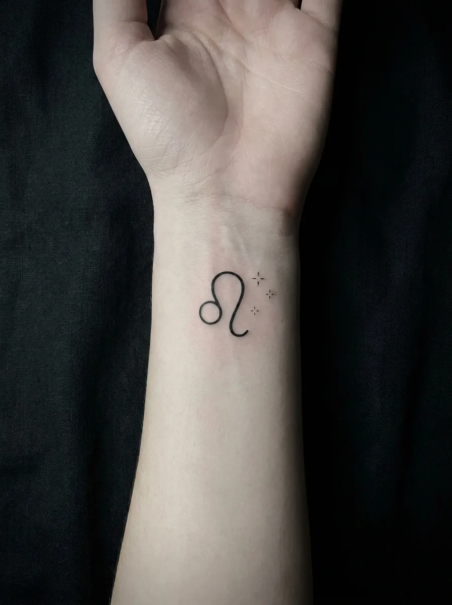 Minimal Leo glyph with tiny stars on the inner wrist