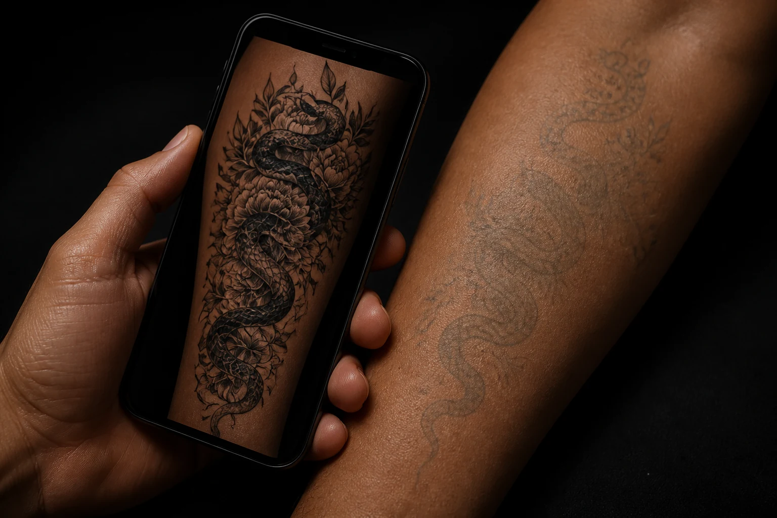 A close product preview showing a dark cover-up concept aligned over an existing forearm tattoo.