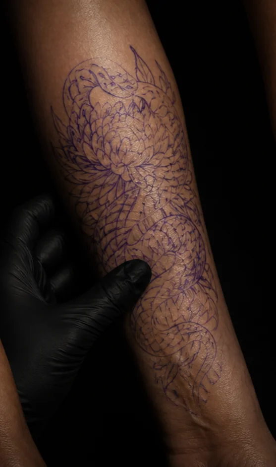 A forearm cover-up planning stencil around faded lettering.